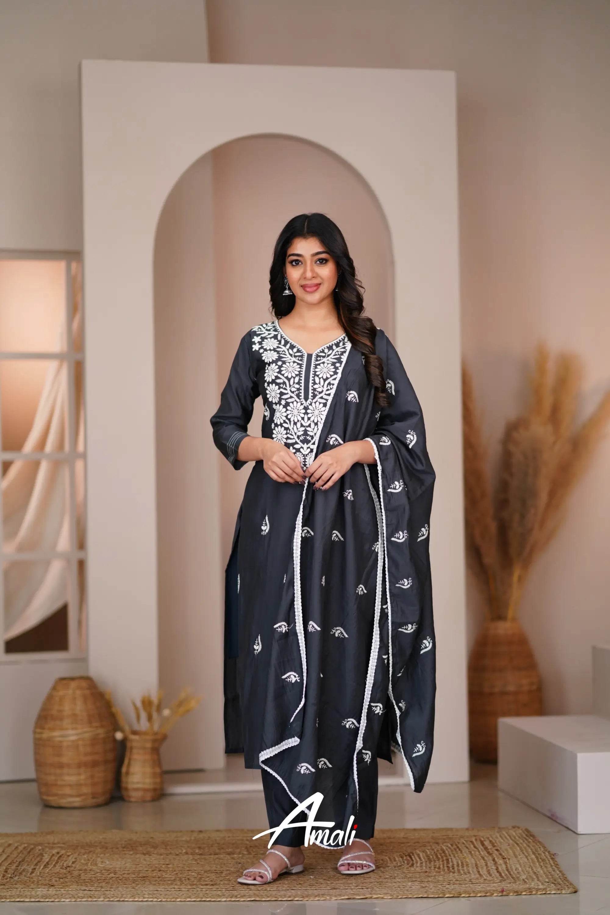 Dark Gray Black Mulmul Cotton Salwar Anarkalis