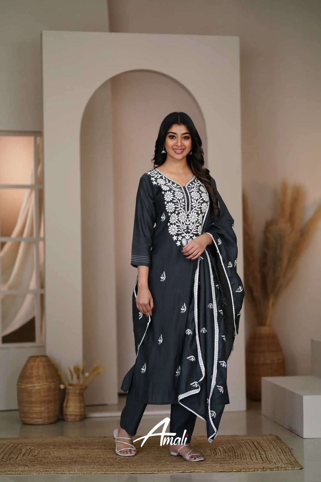 Dark Gray Black Mulmul Cotton Salwar Anarkalis