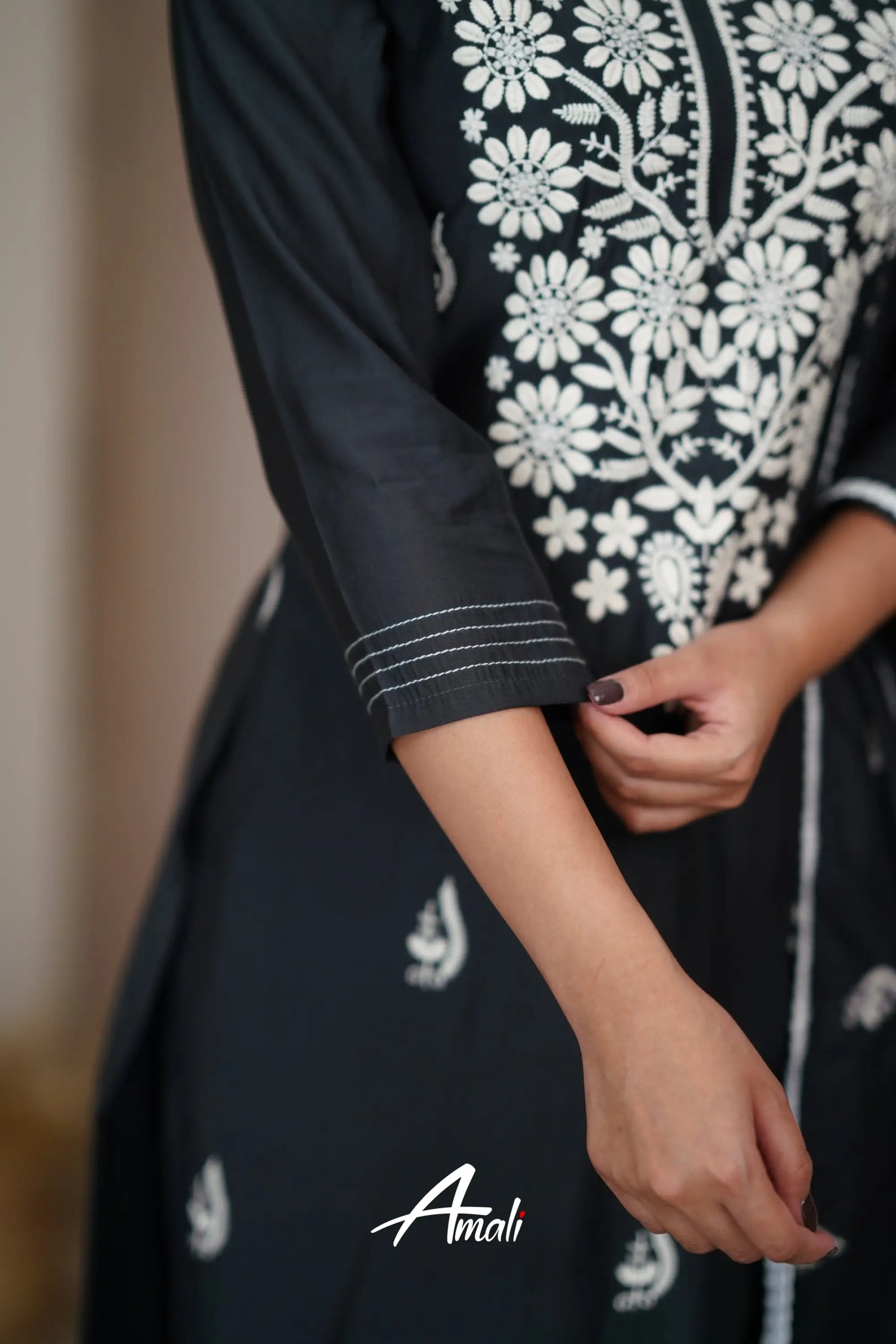 Dark Gray Black Mulmul Cotton Salwar Anarkalis