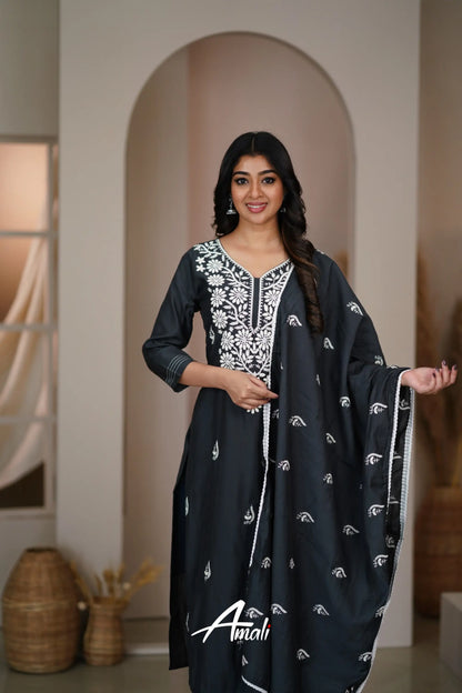 Dark Gray Black Mulmul Cotton Salwar Anarkalis