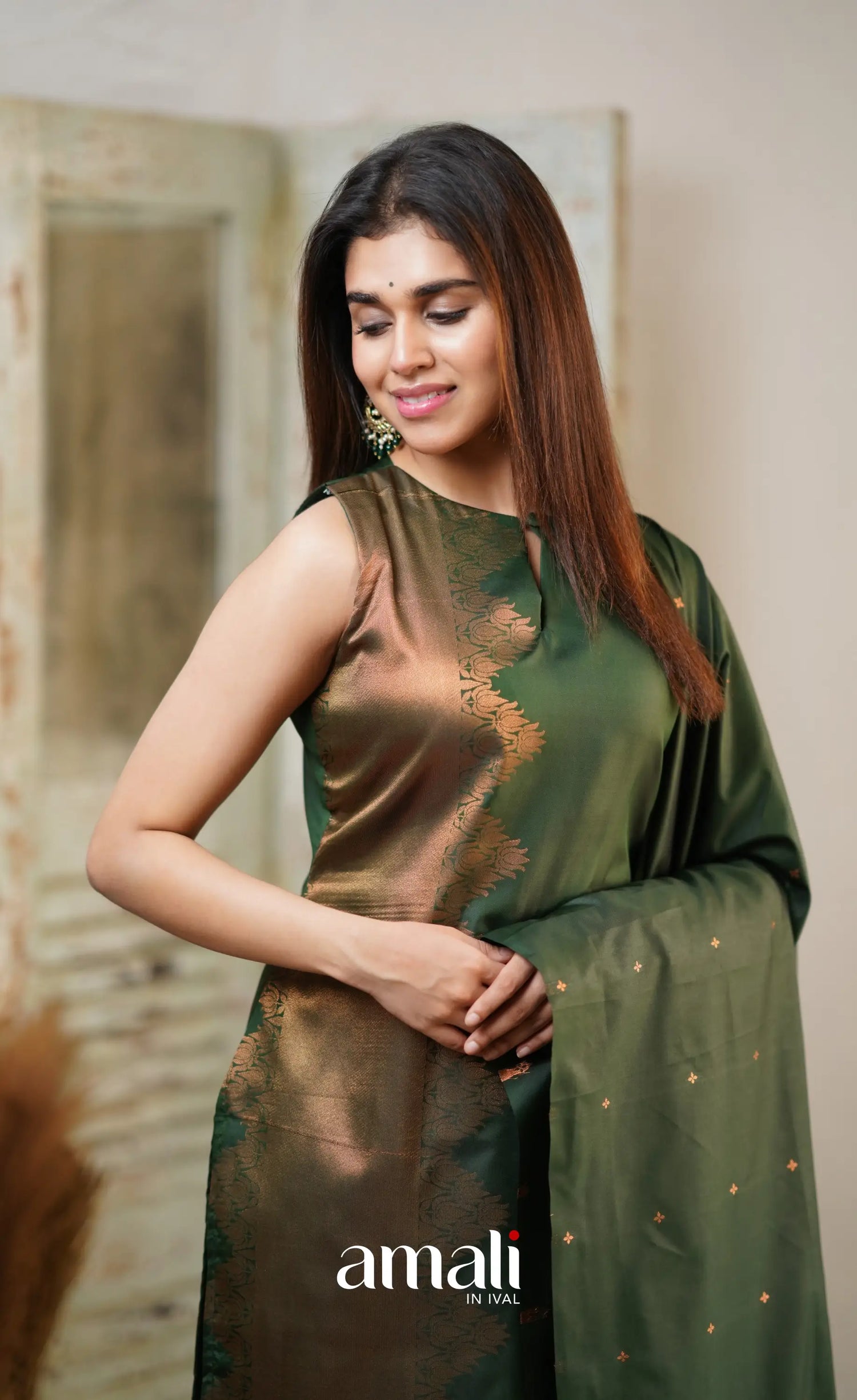 Dark Green Unstitched Semi Kanchipuram Silk Salwar