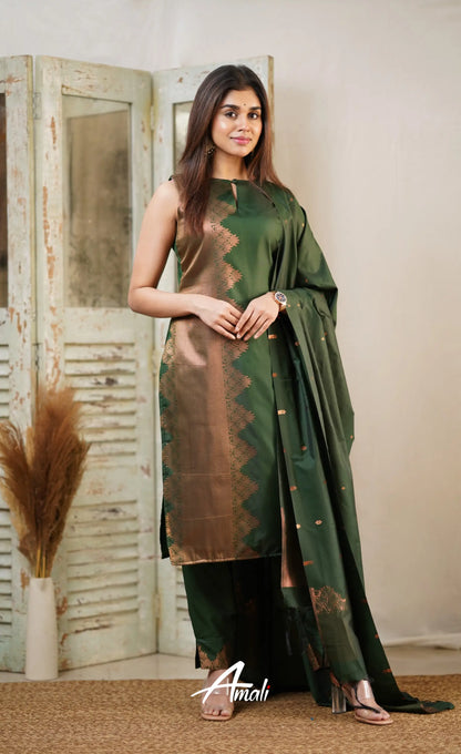 Dark Green Unstitched Semi Kanchipuram Silk Salwar