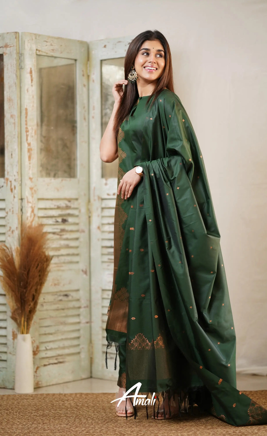 Dark Green Unstitched Semi Kanchipuram Silk Salwar