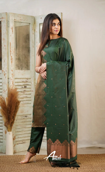 Dark Green Unstitched Semi Kanchipuram Silk Salwar