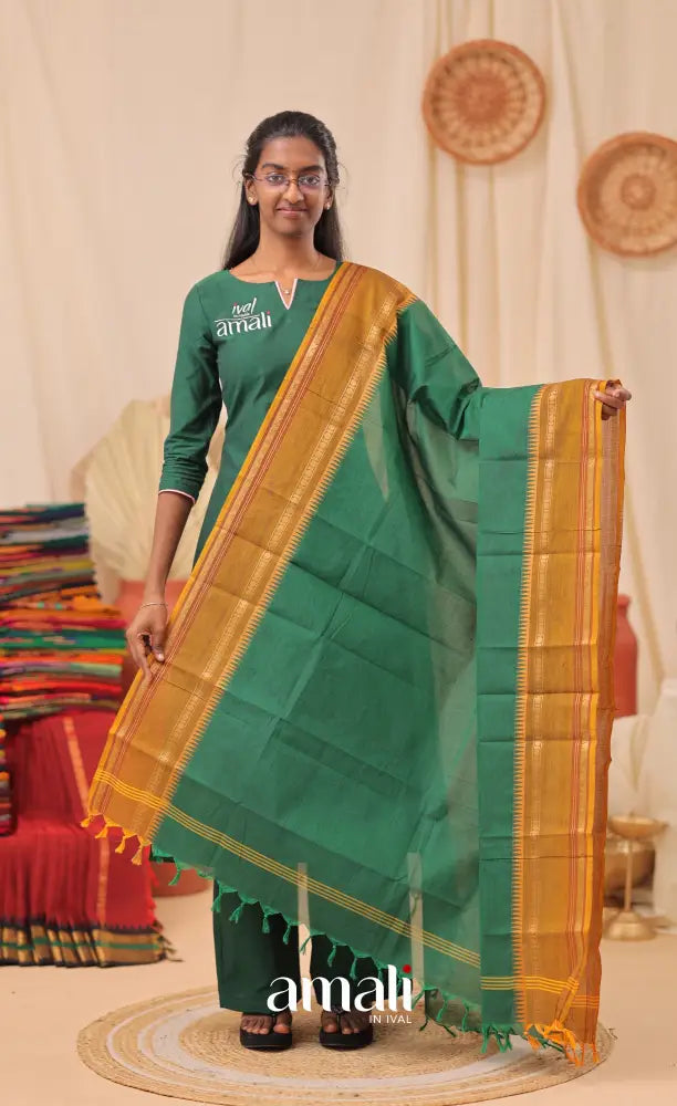 Dark Green With Deep Mustard Chettinad Cotton Dupatta salwar