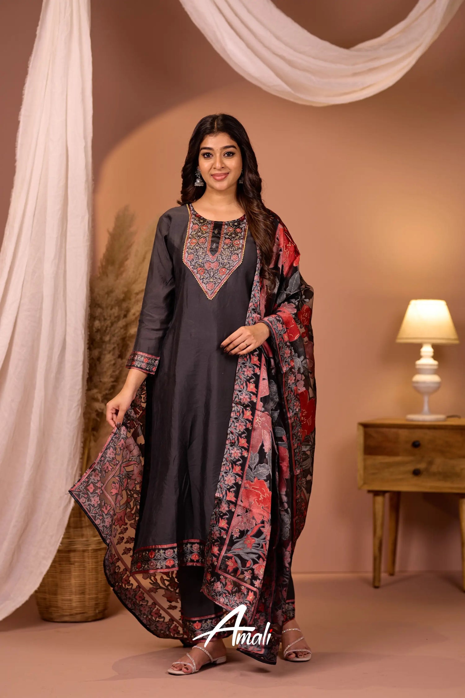 Dark Grey Mulmul Cotton Salwar Anarkalis