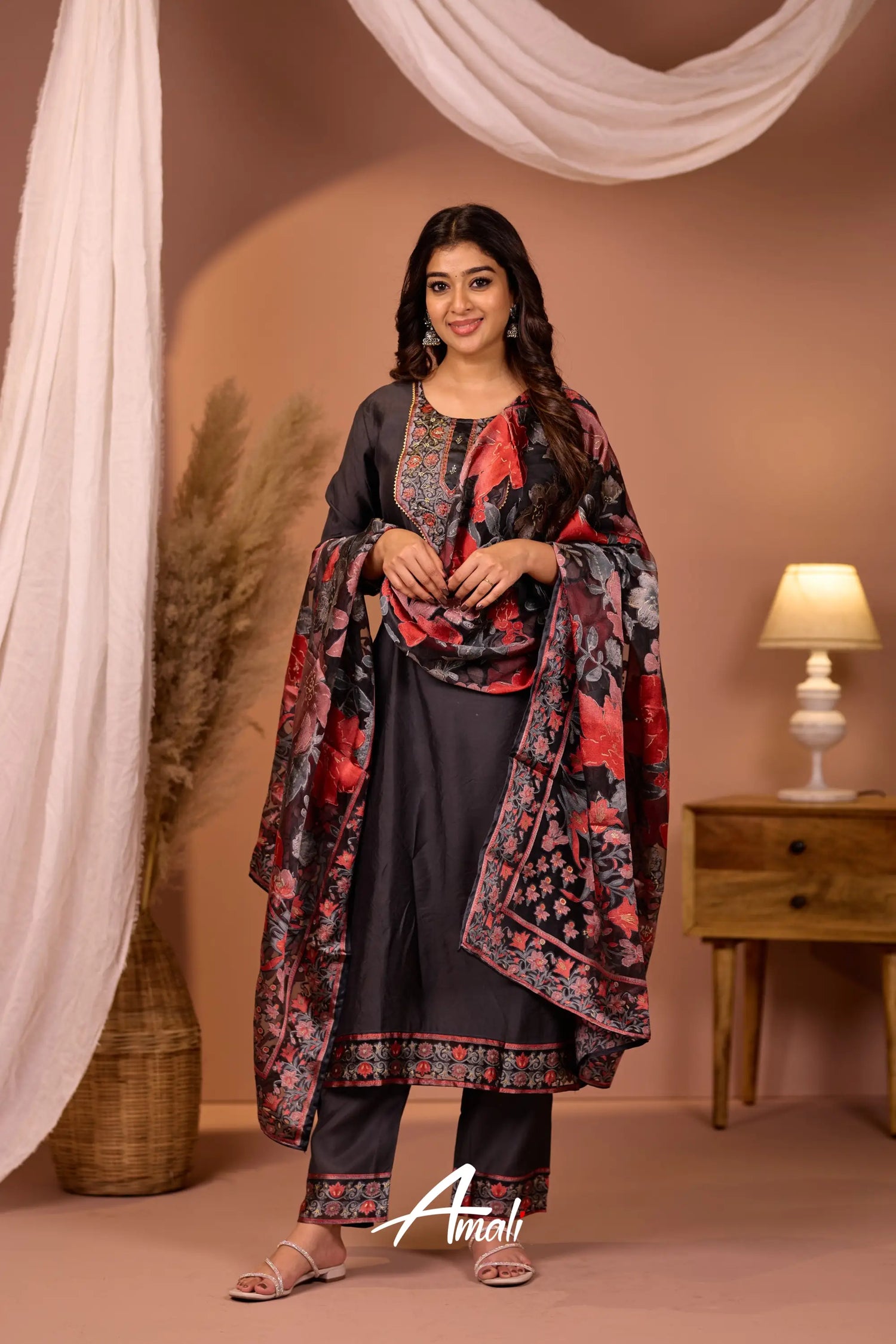 Dark Grey Mulmul Cotton Salwar Anarkalis