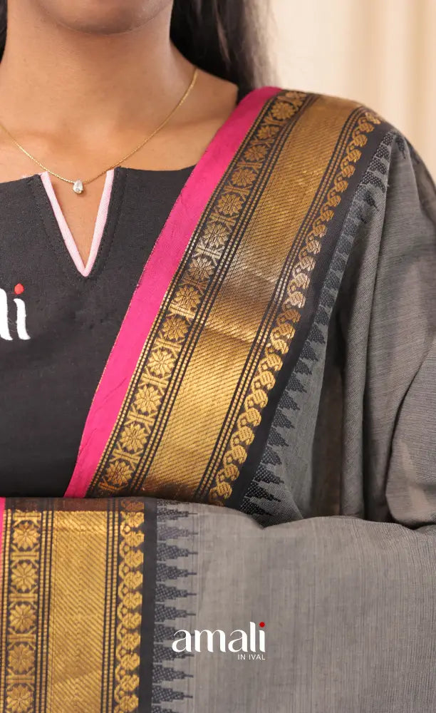 Dark Grey With Pink Chettinad Cotton Dupatta salwar
