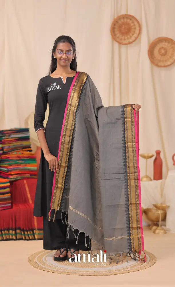 Dark Grey With Pink Chettinad Cotton Dupatta salwar