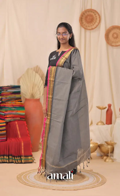 Dark Grey With Pink Chettinad Cotton Dupatta salwar