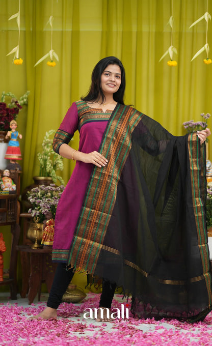 Dark magenta and Black Chettinad Cotton Salwar Set - salwar