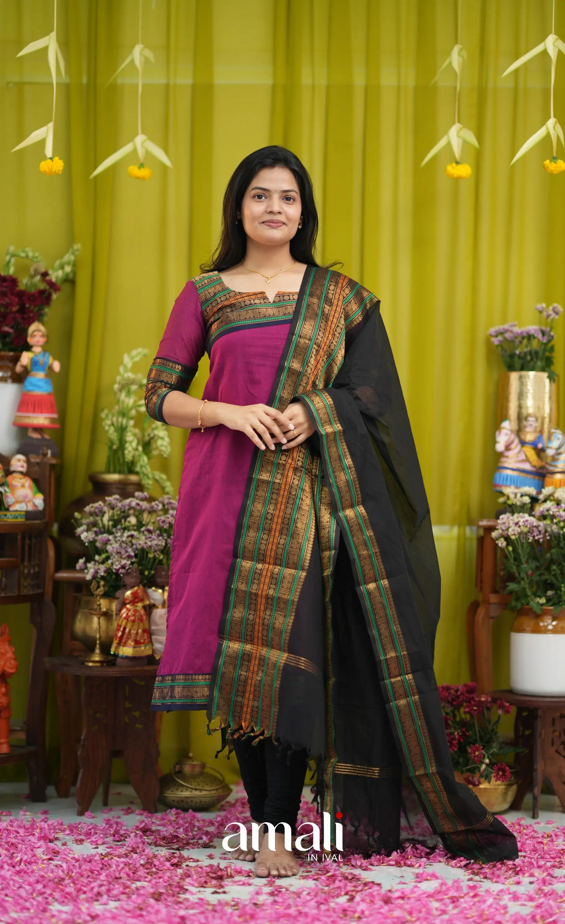 Dark magenta and Black Chettinad Cotton Salwar Set - salwar
