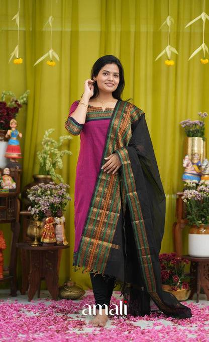 Dark magenta and Black Chettinad Cotton Salwar Set - salwar