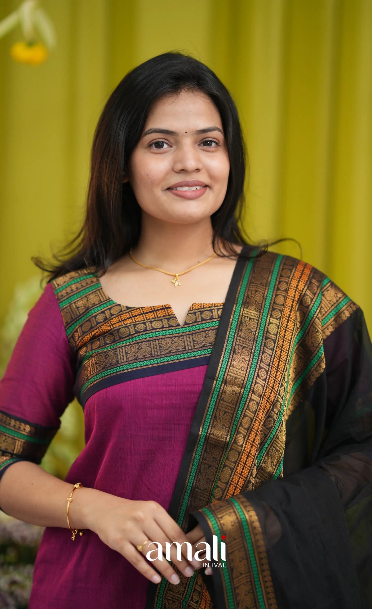 Dark magenta and Black Chettinad Cotton Salwar Set - salwar