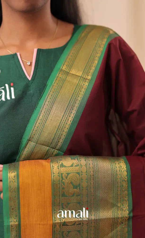 Dark Maroon With Green Chettinad Cotton Dupatta salwar