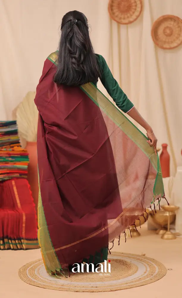 Dark Maroon With Green Chettinad Cotton Dupatta salwar