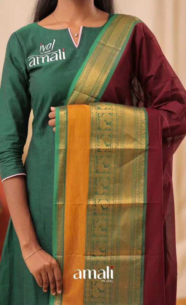 Dark Maroon With Green Chettinad Cotton Dupatta salwar
