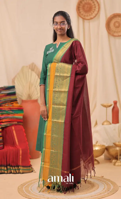 Dark Maroon With Green Chettinad Cotton Dupatta salwar