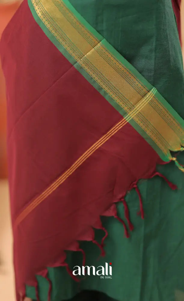 Dark Maroon With Green Chettinad Cotton Dupatta salwar
