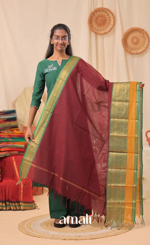 Dark Maroon With Green Chettinad Cotton Dupatta salwar