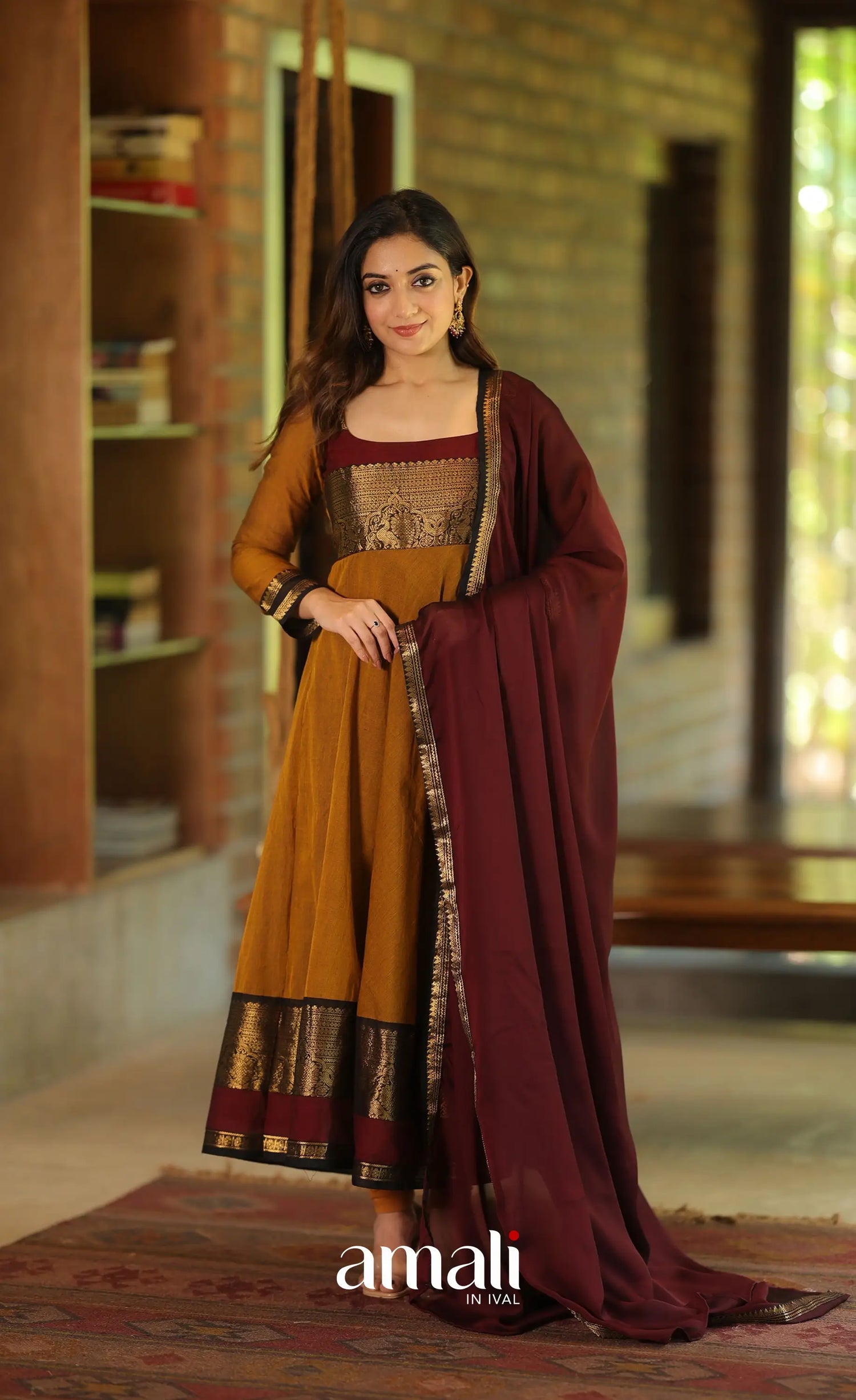 Dark mustard and Maroon Chettinad Cotton Anarkali - Anarkalis