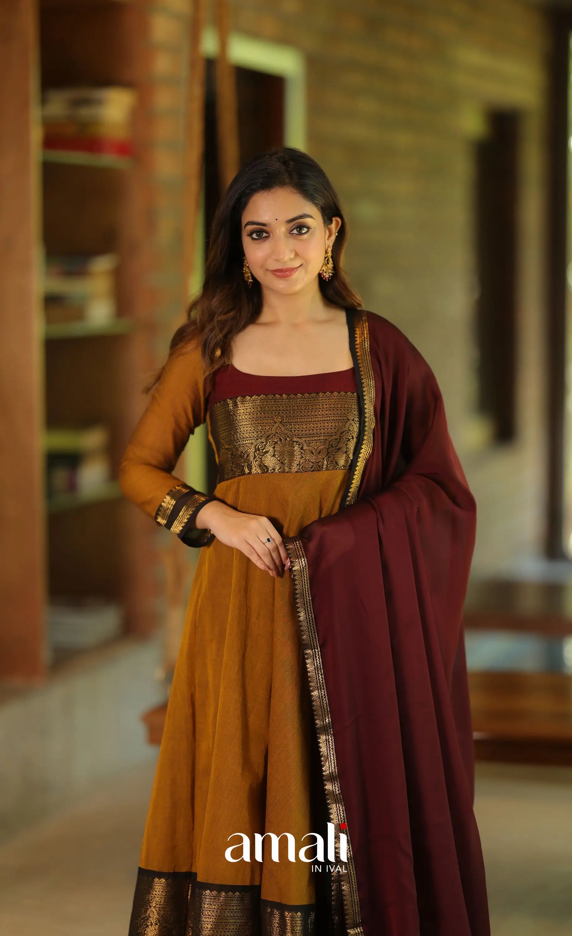 Dark mustard and Maroon Chettinad Cotton Anarkali - Anarkalis