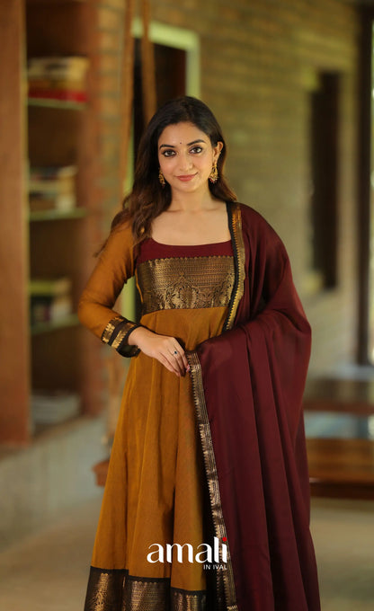 Dark mustard and Maroon Chettinad Cotton Anarkali - Anarkalis