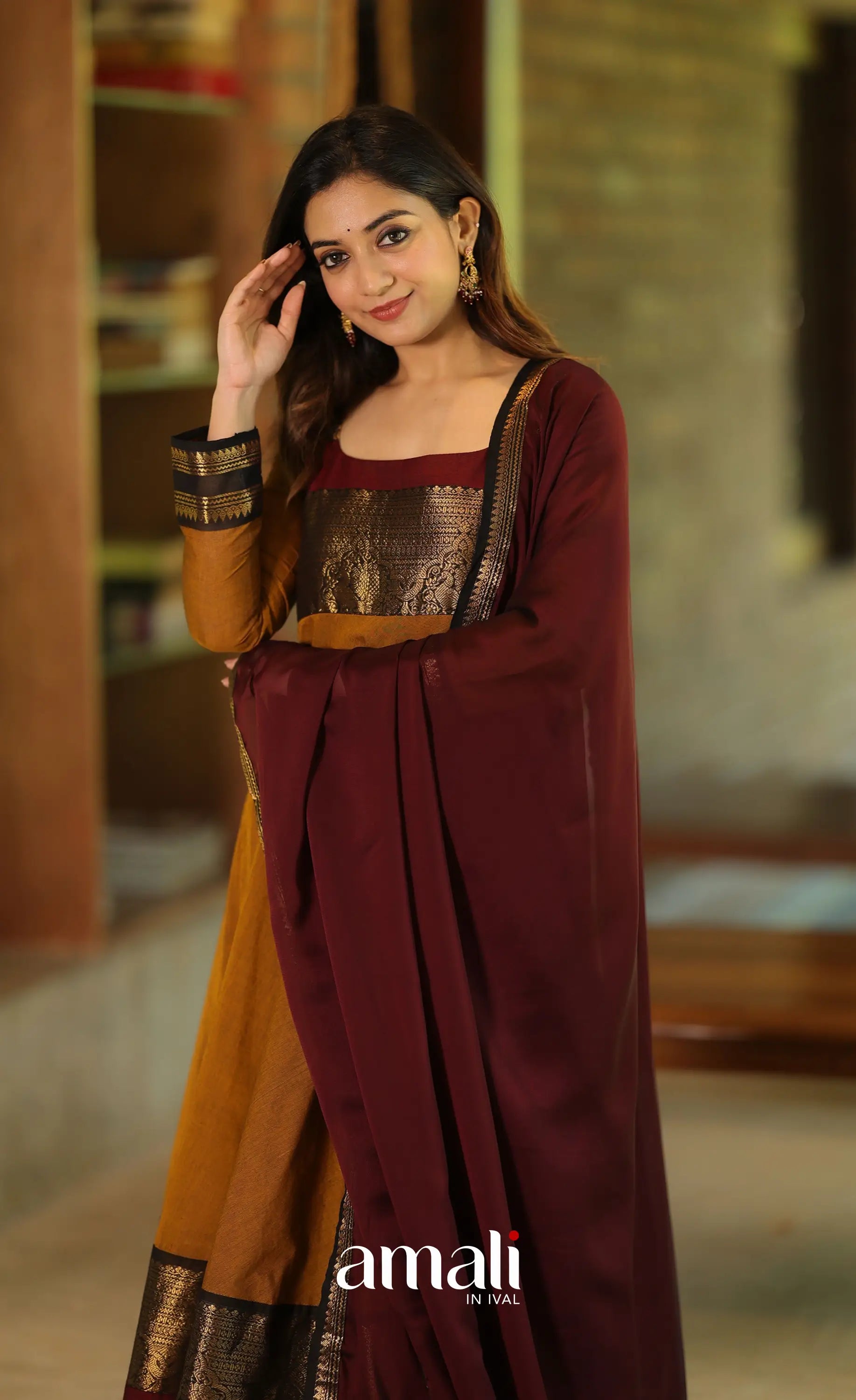 Dark mustard and Maroon Chettinad Cotton Anarkali - Anarkalis
