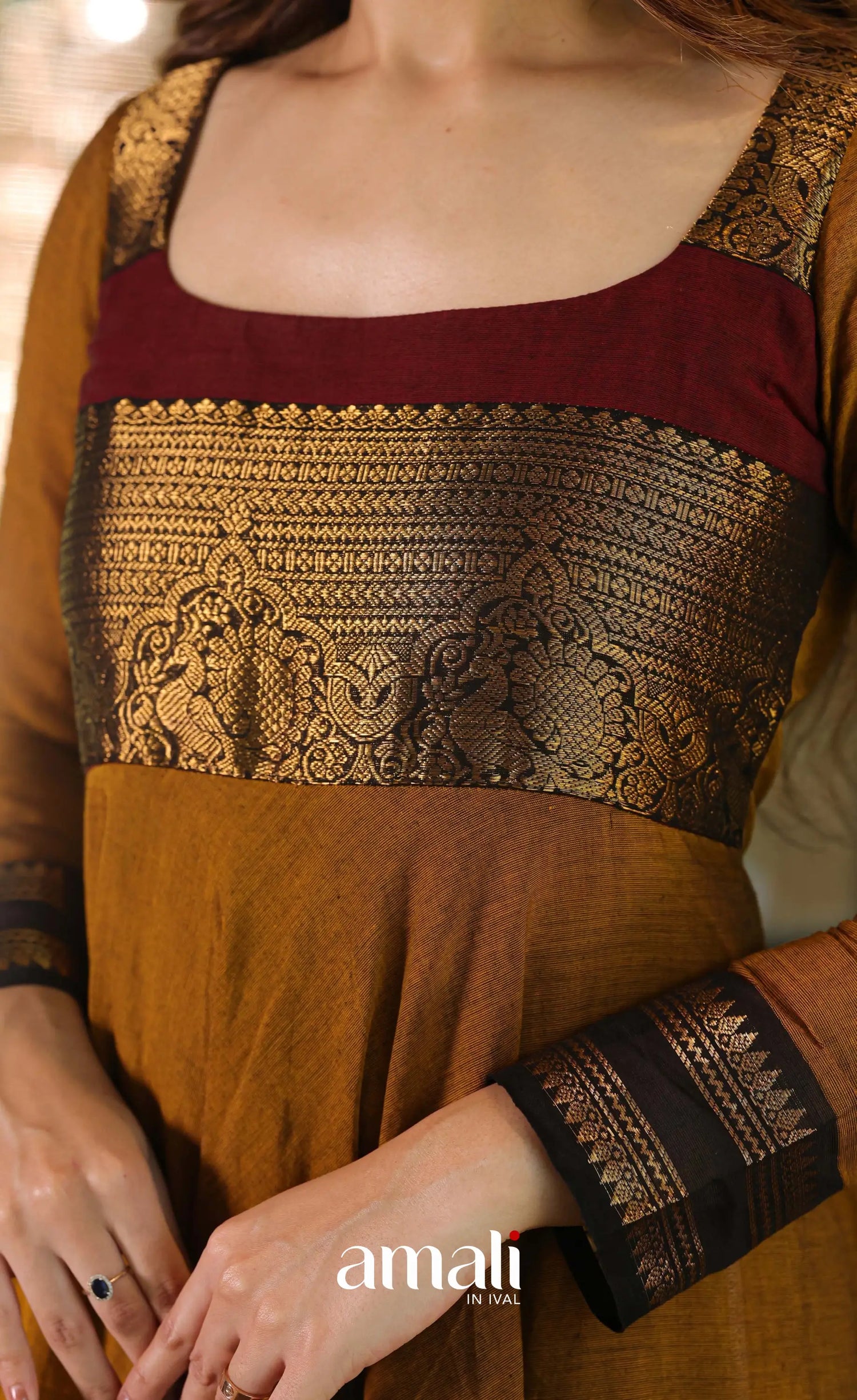 Dark mustard and Maroon Chettinad Cotton Anarkali - Anarkalis