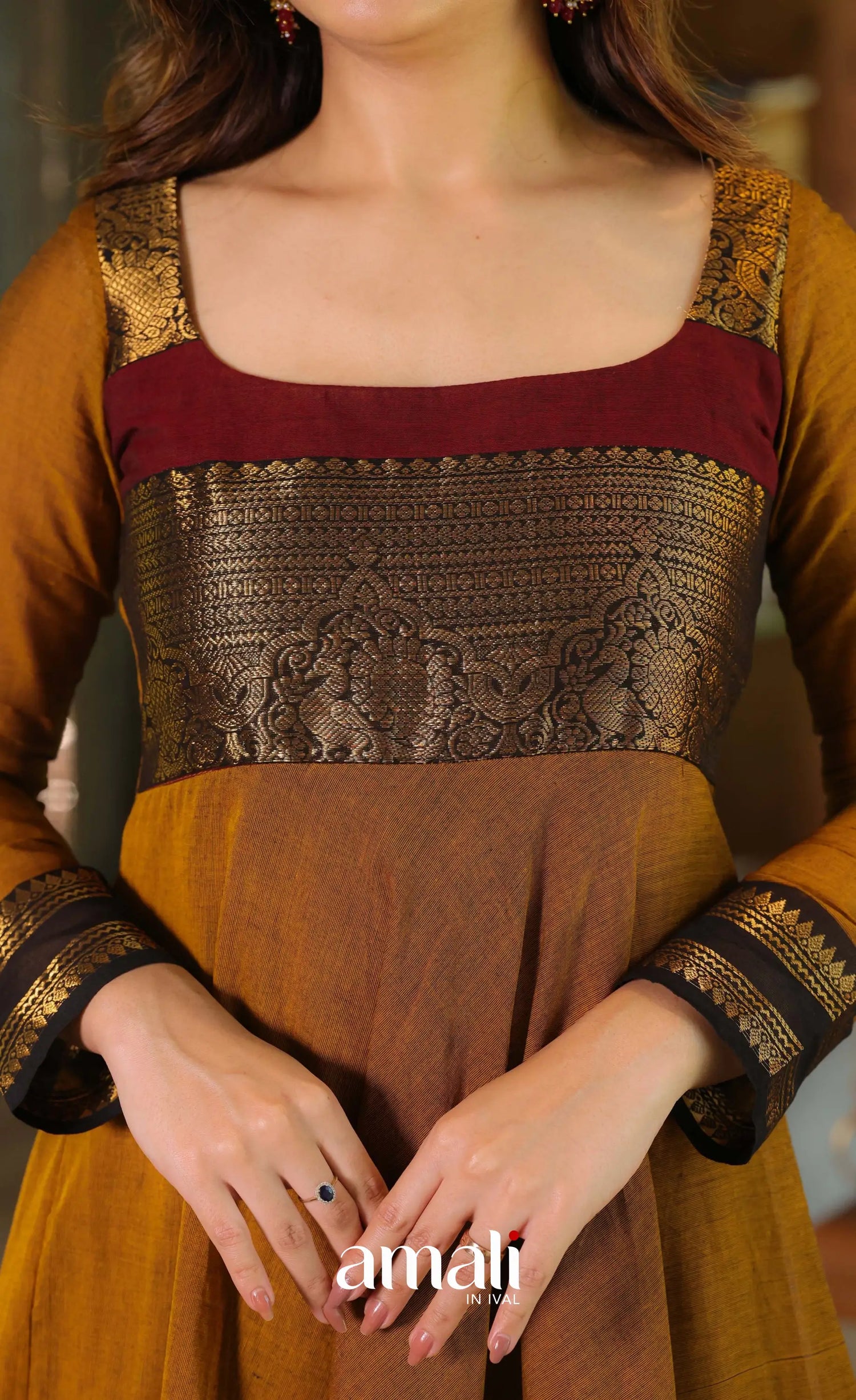 Dark mustard and Maroon Chettinad Cotton Anarkali - Anarkalis