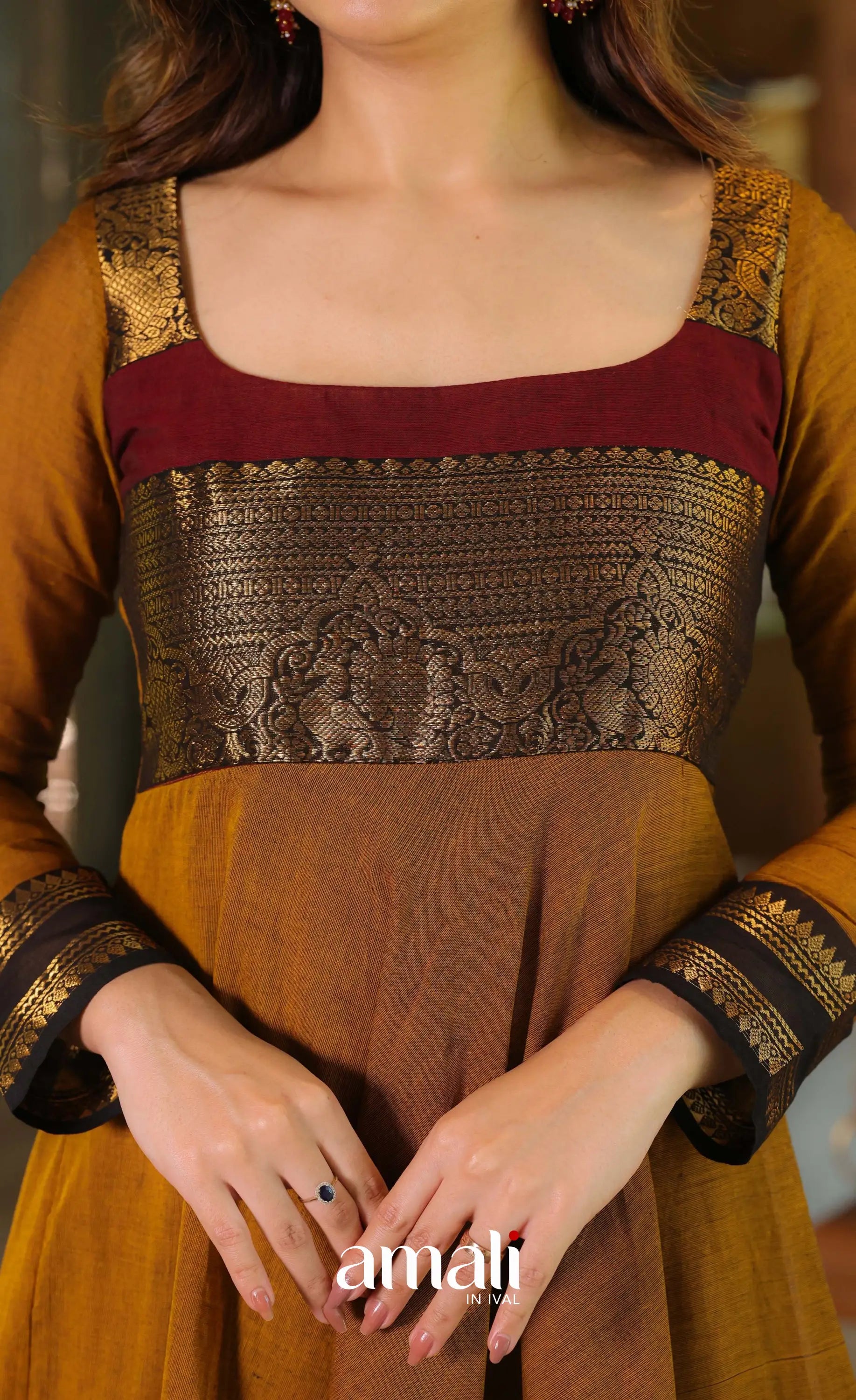 Dark mustard and Maroon Chettinad Cotton Anarkali - Anarkalis