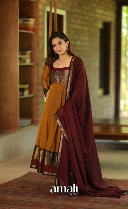 Dark mustard and Maroon Chettinad Cotton Anarkali - Anarkalis