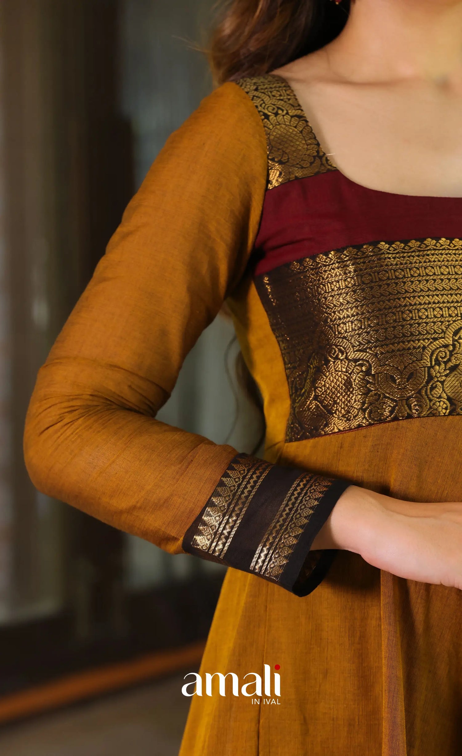 Dark mustard and Maroon Chettinad Cotton Anarkali - Anarkalis