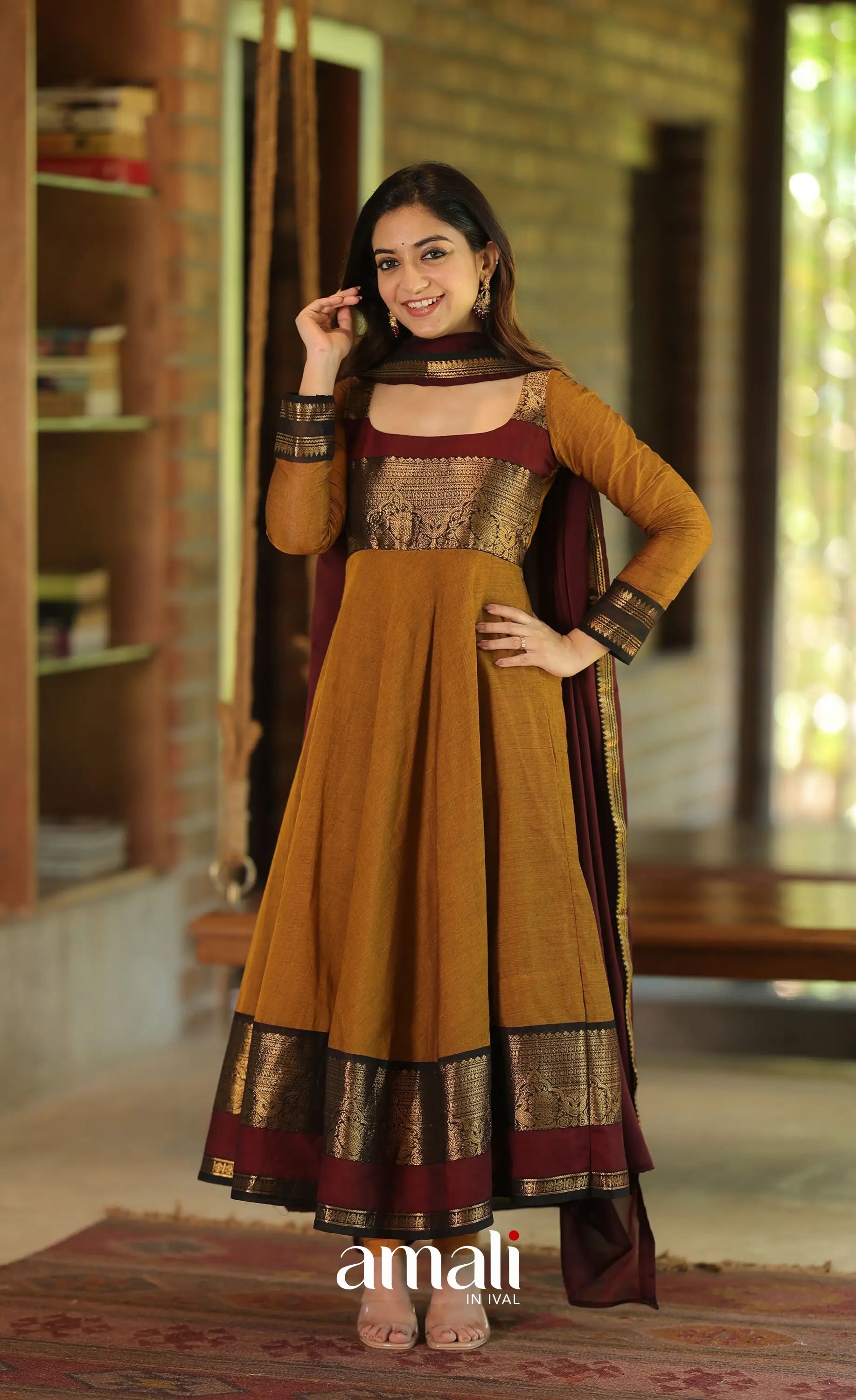 Dark mustard and Maroon Chettinad Cotton Anarkali - Anarkalis