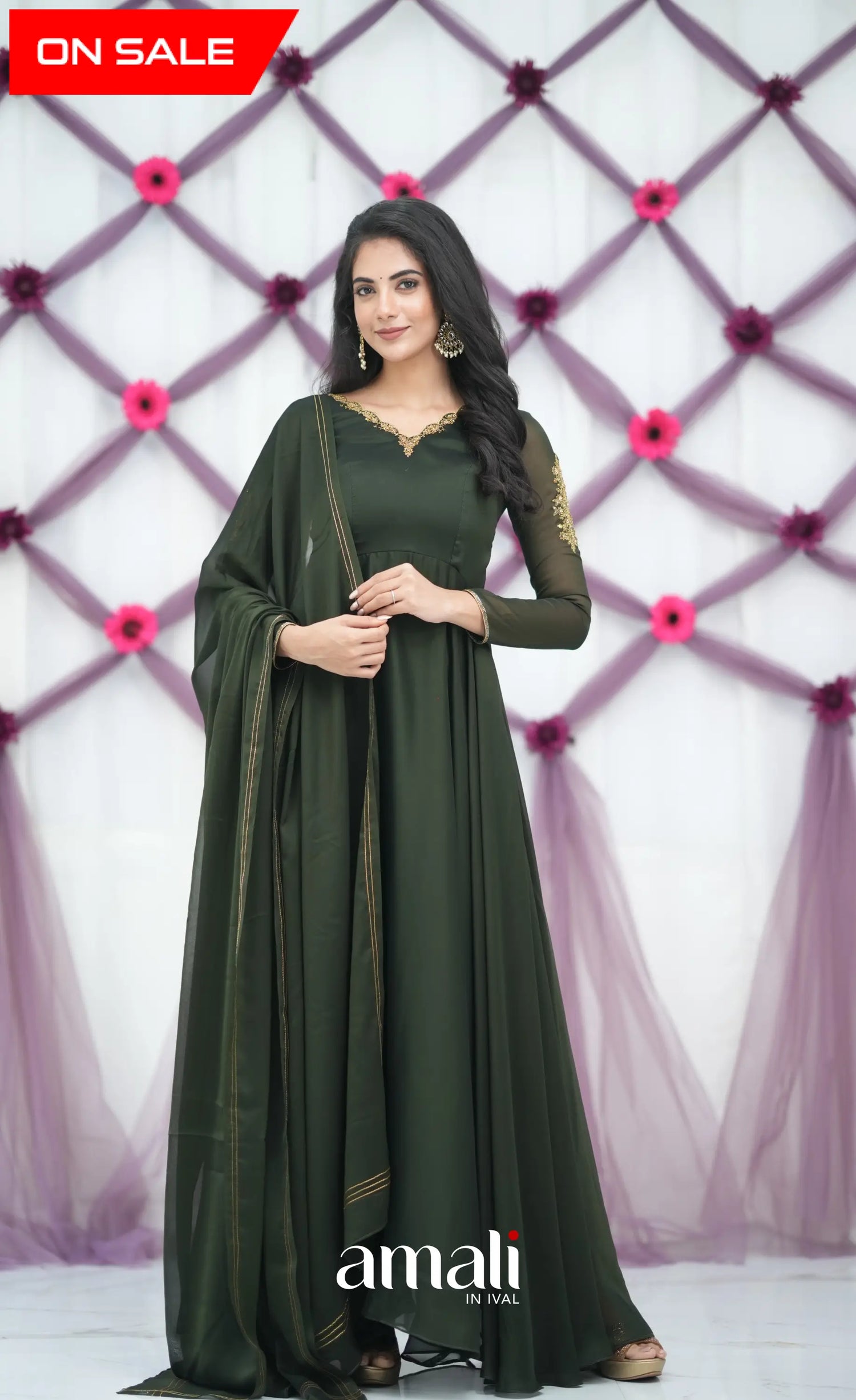 Dark Olive Green Aari Handworked Anarkali M Dark Olive Green Aari Handworked Anarkali M