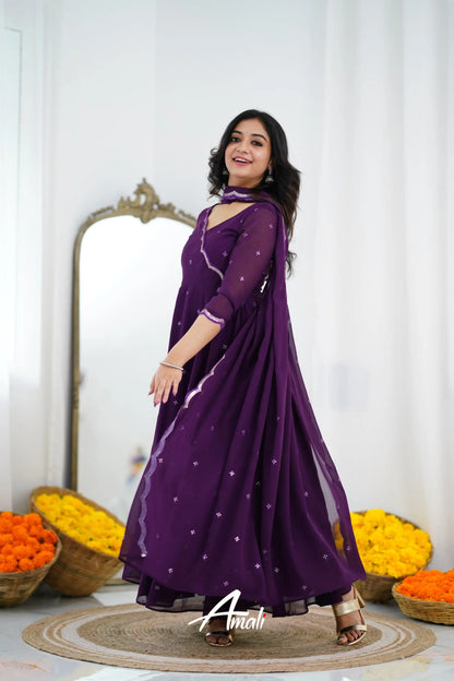 Dark Plum Georgette Anarkali Anarkalis