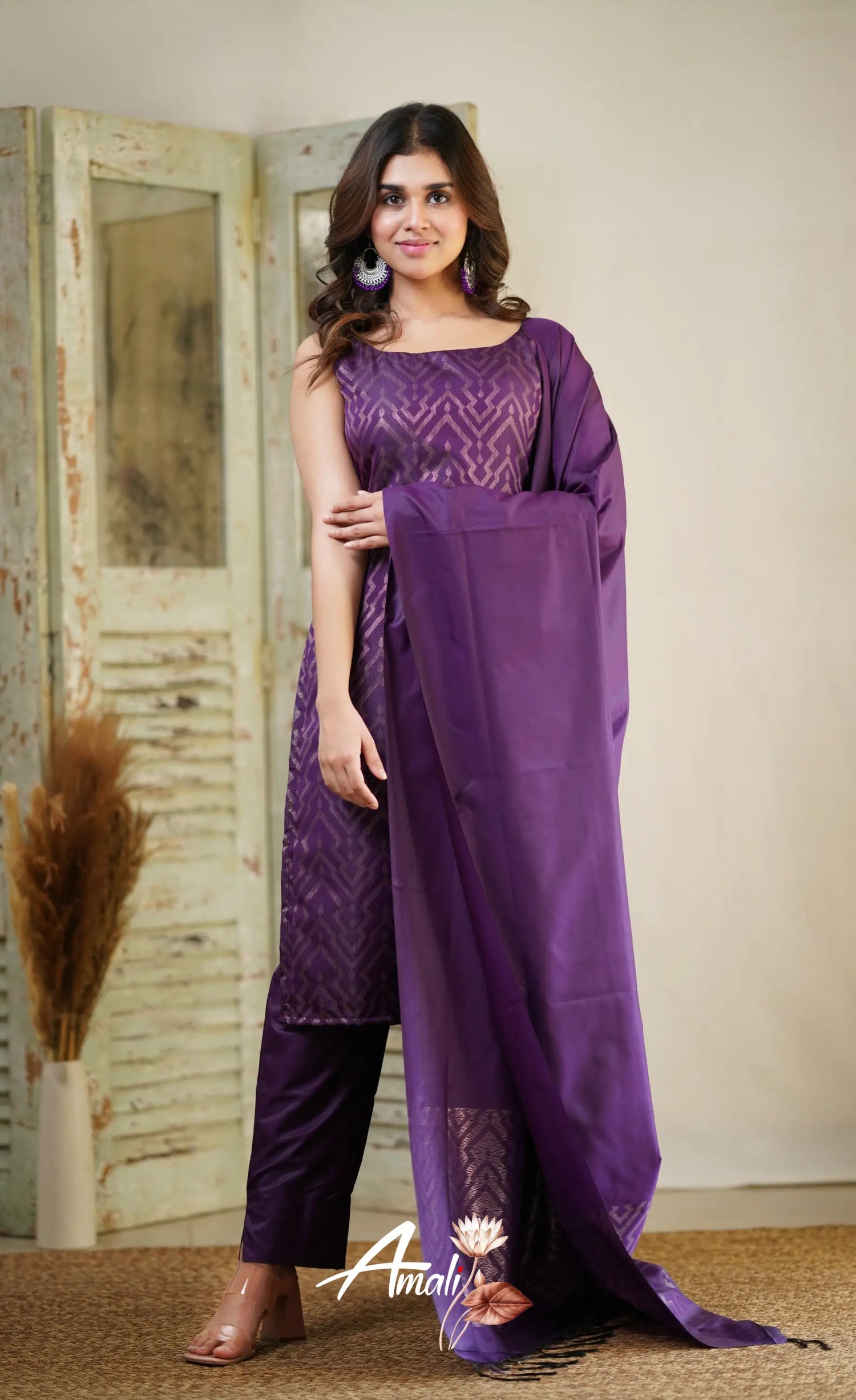 Dark Purple Unstitched Semi Kanchipuram Silk Salwar