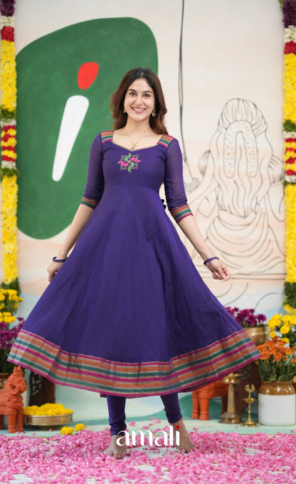 Dark Purplish Blue and Multicolours Narayanpet Cotton Anarkali - Anarkalis