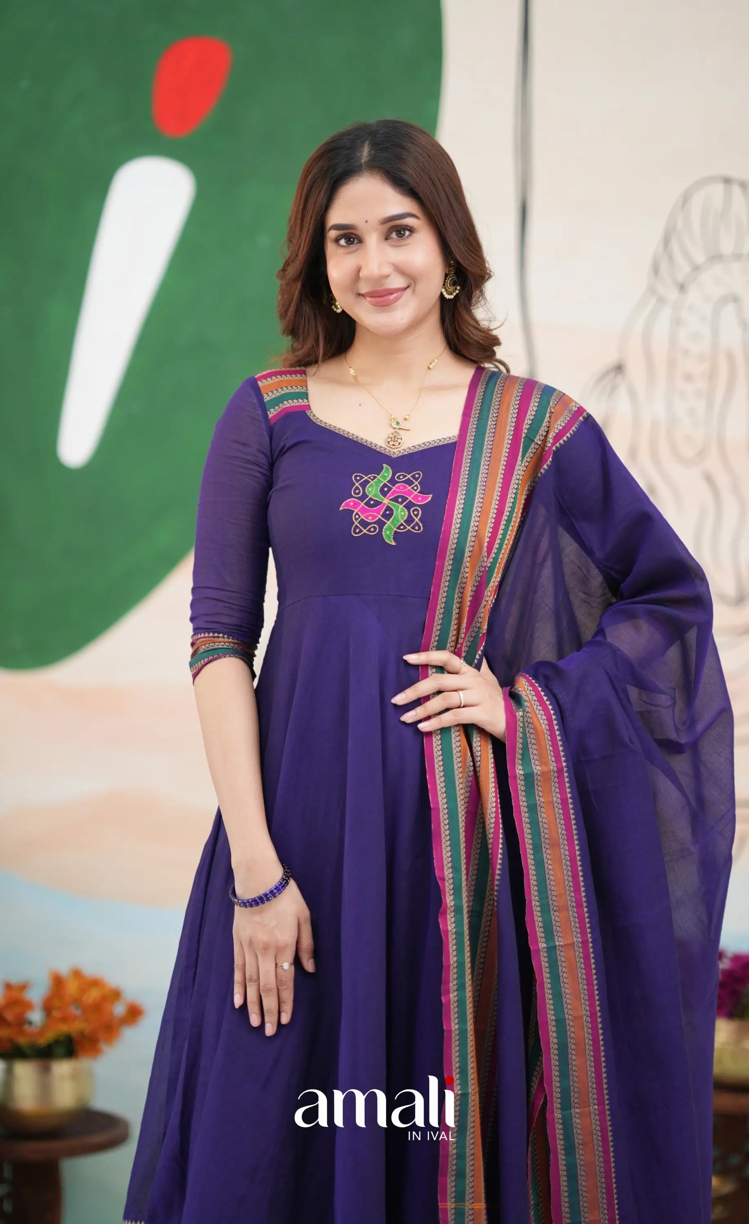 Dark Purplish Blue and Multicolours Narayanpet Cotton Anarkali - Anarkalis