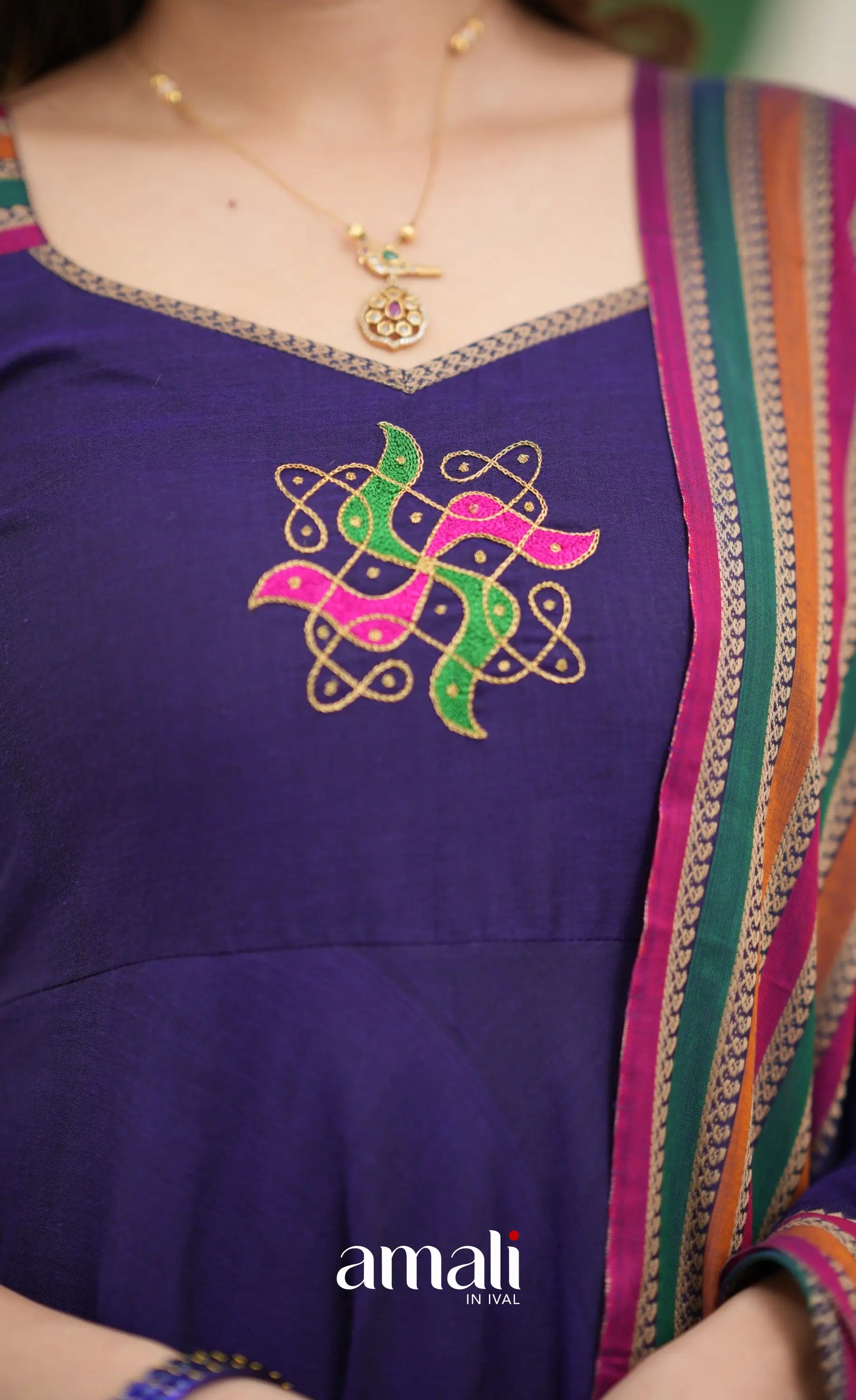 Dark Purplish Blue and Multicolours Narayanpet Cotton Anarkali - Anarkalis