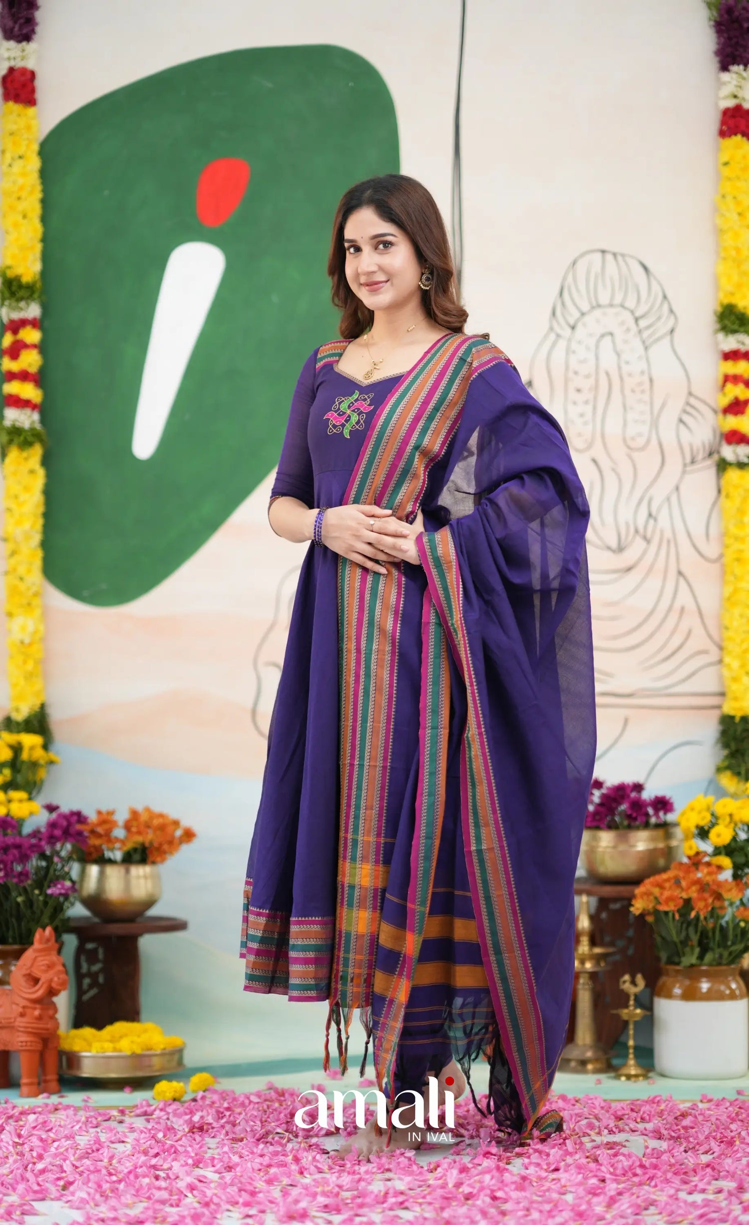 Dark Purplish Blue and Multicolours Narayanpet Cotton Anarkali - Anarkalis