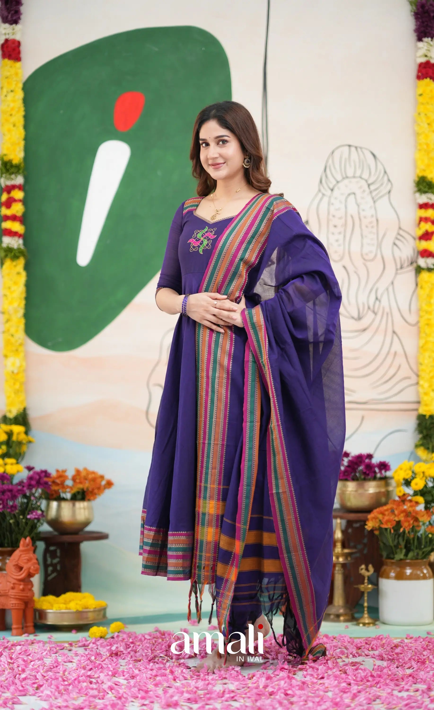 Dark Purplish Blue and Multicolours Narayanpet Cotton Anarkali - Anarkalis