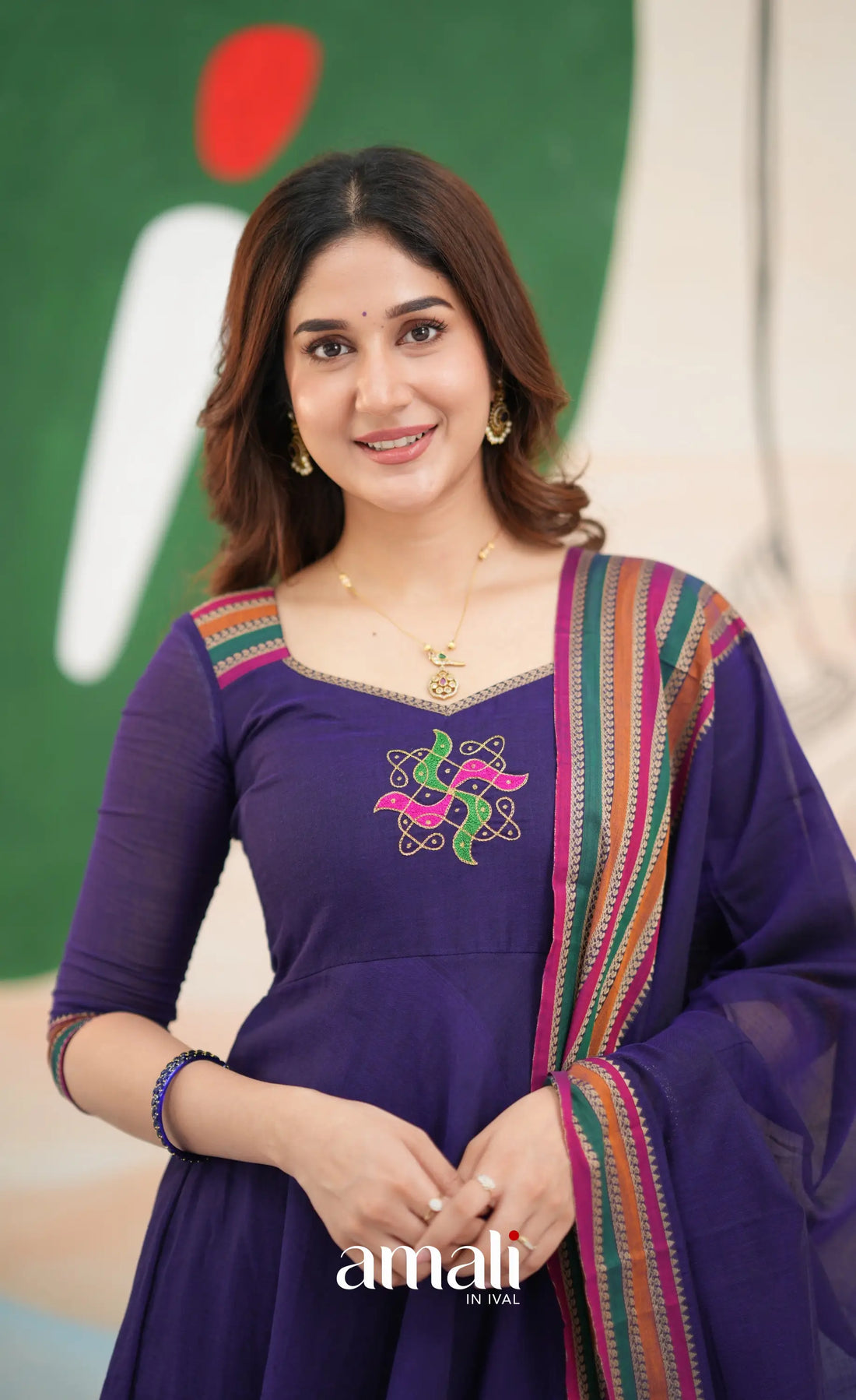 Dark Purplish Blue and Multicolours Narayanpet Cotton Anarkali - Anarkalis