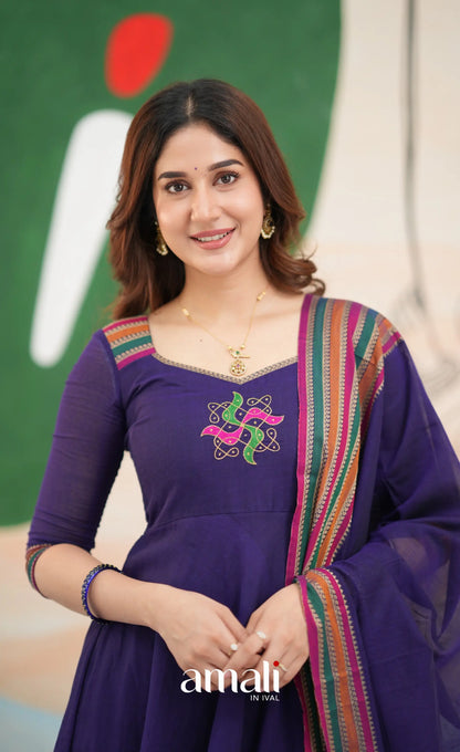 Dark Purplish Blue and Multicolours Narayanpet Cotton Anarkali - Anarkalis