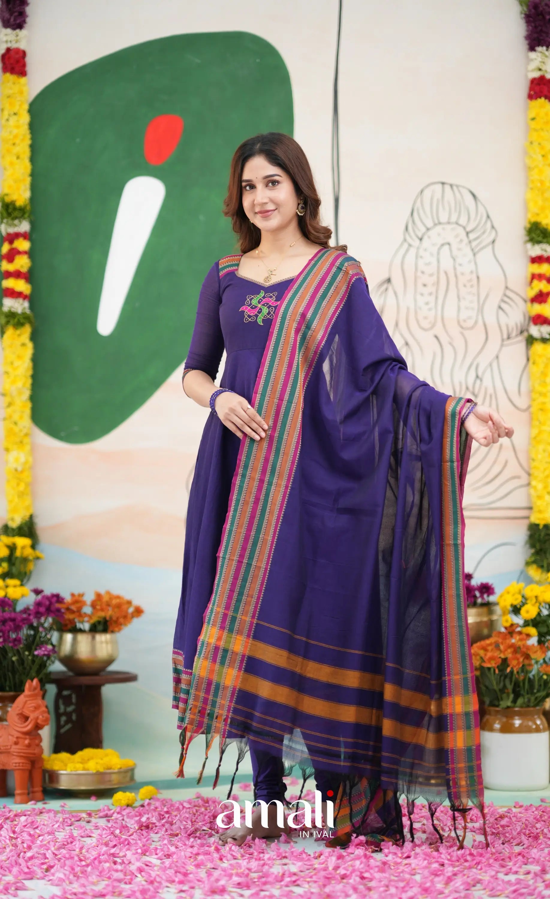 Dark Purplish Blue and Multicolours Narayanpet Cotton Anarkali - Anarkalis
