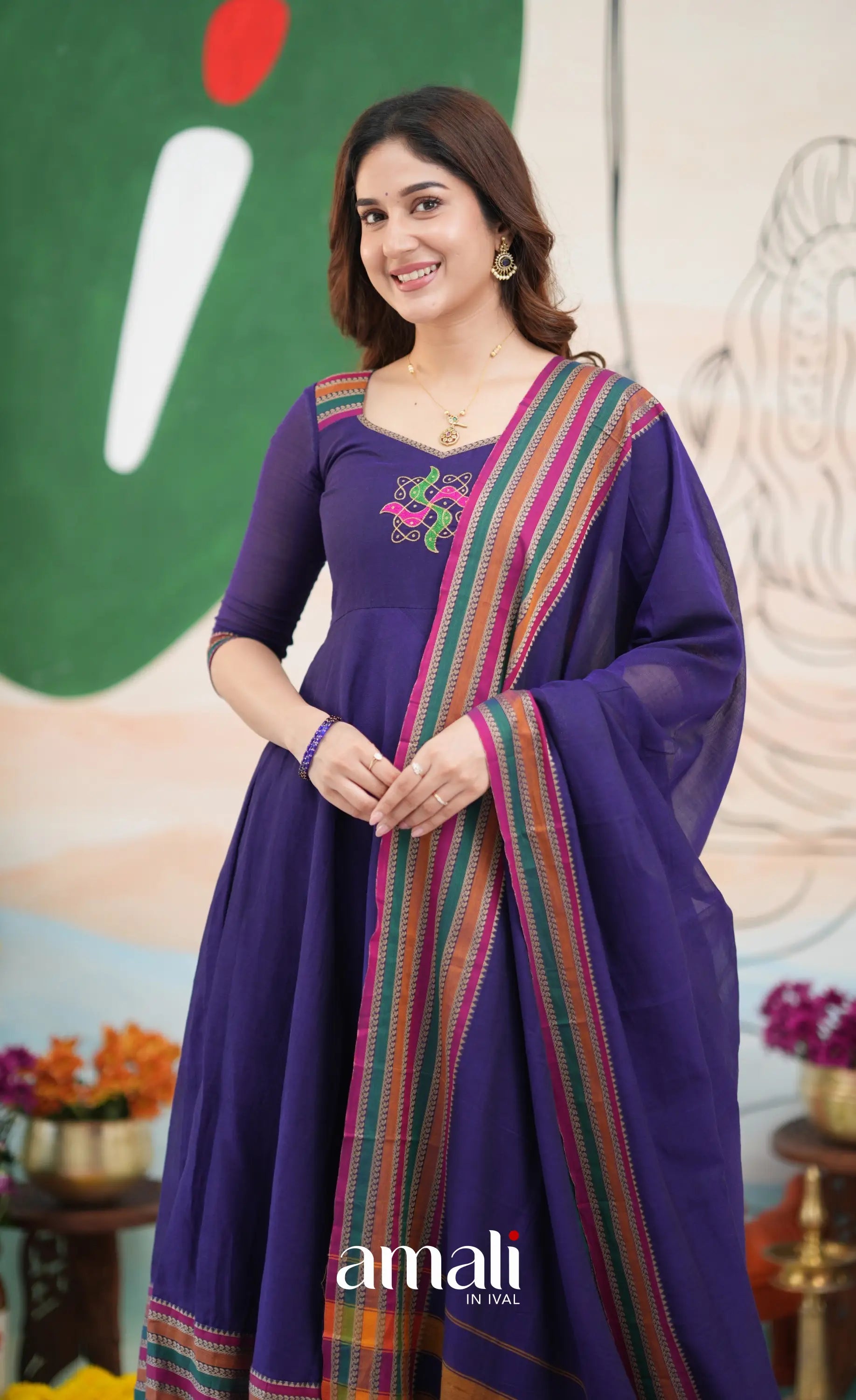 Dark Purplish Blue and Multicolours Narayanpet Cotton Anarkali - Anarkalis