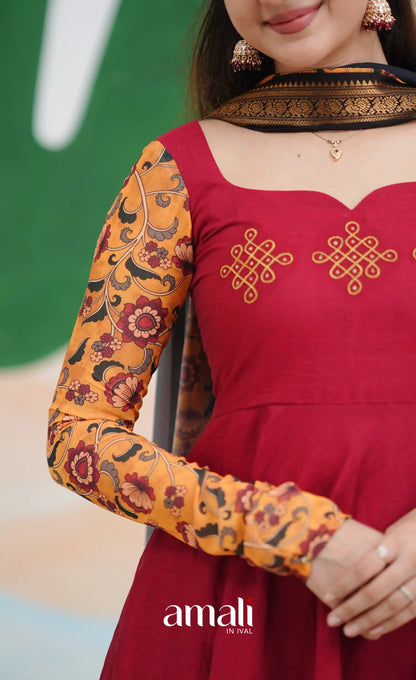 Dark Red and Black Chettinad Cotton Anarkali Anarkalis