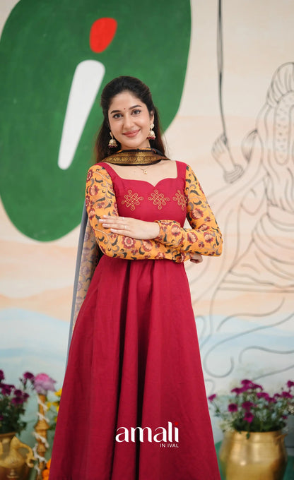 Dark Red and Black Chettinad Cotton Anarkali Anarkalis