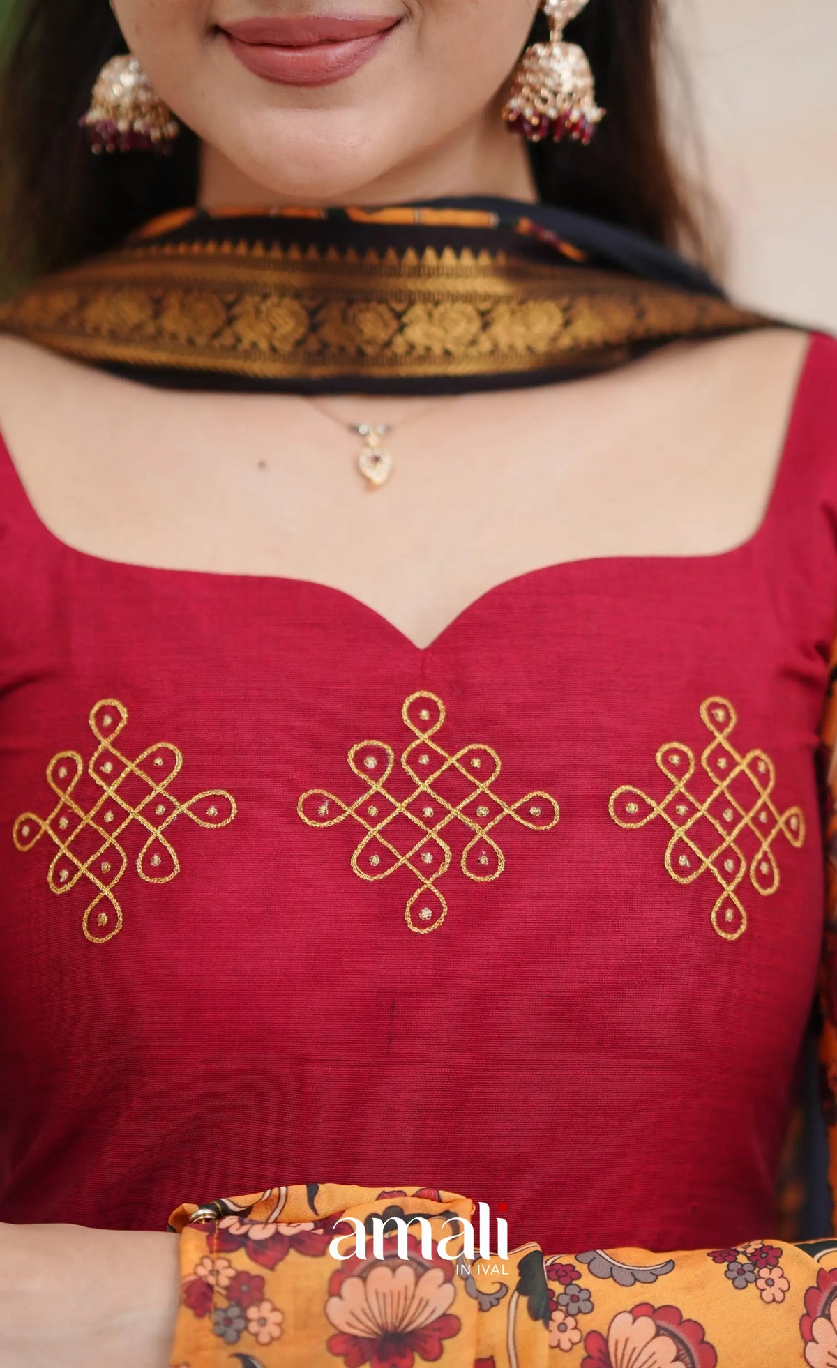 Dark Red and Black Chettinad Cotton Anarkali Anarkalis