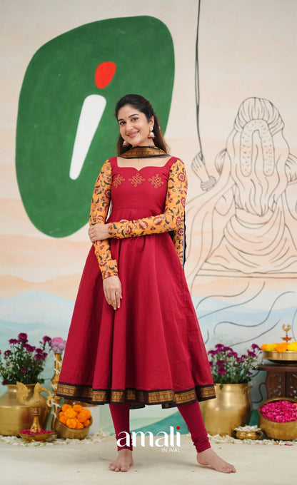 Dark Red and Black Chettinad Cotton Anarkali Anarkalis